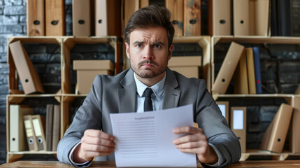 Overwhelmed Businessman with Disapproving Expression Holding a Document