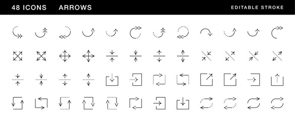Arrow icon collection. Interface arrows, direction, navigation, right curved, circular arrow, compare, expand and more. Editable stroke. Pixel Perfect. Grid base 32 x 32.