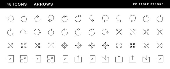 Arrow icon collection. Interface arrows, direction, navigation, right curved, circular arrow, upload, dow load, full screen, expand and more. Editable stroke. Pixel Perfect. Grid base 32 x 32.
