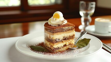   A slice of cake rests atop a white dish alongside a glass of water and a mug of coffee