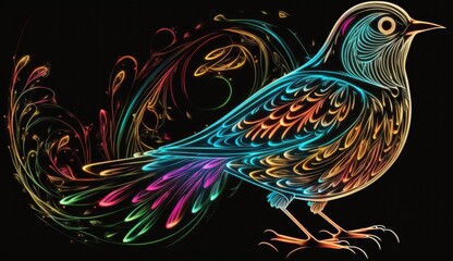 An illustration abstract design of a glowing bird with a long tail, surrounded by swirling neon colors,set against a black background