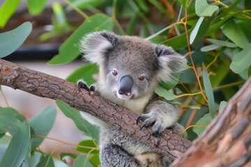 Snuggly baby koala clinging to eucalyptus branch