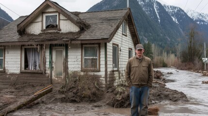 a man standing in front of his flood-damaged house, surrounded by mud and water indicative of a rising river, striving to shield it from the encroaching floodwaters.