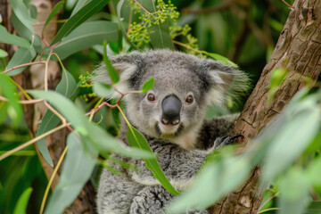 Snuggly baby koala clinging to eucalyptus branch