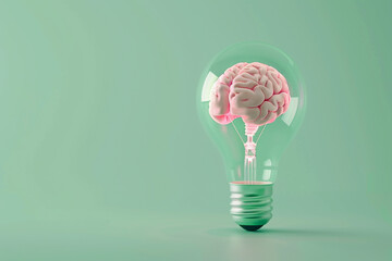 A 3D light bulb with a holographic brain floating inside, on a soft pastel green background, illustrating futuristic concepts  