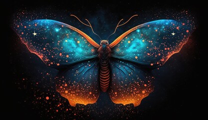 A closeup neon butterfly with intricate, glowing wings, set against a starry sky