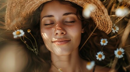 A close-up image of a woman lying in a field, smiling gently with her eyes closed, basking in a warm, natural light. She is wearing a straw hat, and her face is partially shaded by the brim, creating 
