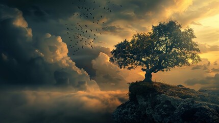 The image features a solitary tree perched on the edge of a rocky cliff, with its branches spreading widely against a dramatic sky. The sky is filled with a mix of clouds, some dark and ominous, other - Powered by Adobe