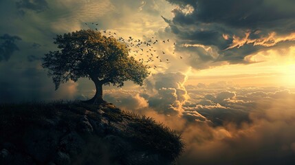 A large, solitary tree stands atop a rocky outcrop, its full canopy silhouetted against a dramatic sky filled with cumulus clouds backlit by a warm sunset. The sun's rays filter through the clouds, ca - Powered by Adobe