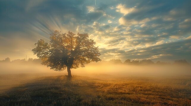 A majestic tree stands alone in a tranquil field, its leaves shimmering with the golden hue of sunlight filtering through its branches. The landscape is engulfed in a soft mist that blankets the groun