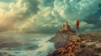 The image features a dramatic seaside landscape with a rugged cliff on the right side upon which a young woman with long blonde hair is standing, gazing out towards a large body of water with turbulen