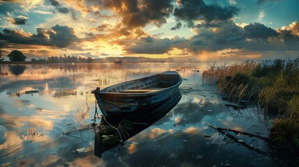 An old wooden boat is moored on the calm waters of a lake during sunrise or sunset. The sky is dramatic, with patches of blue peeking from behind orange and yellow illuminated clouds. Sunrays peek thr - Powered by Adobe