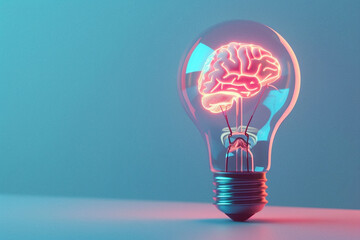 A 3D render of a light bulb with a neon glowing brain inside, placed on a pastel sky blue background, denoting clarity of thought  