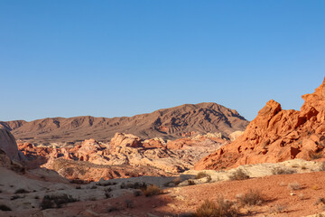 Scenic view of striated red and white Aztek sandstone rock formations in Valley of Fire State Park in Mojave desert, Nevada, USA. Hot temperature in arid landscape on clear summer day. Rainbow vista