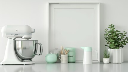 a stand mixer on the counter, complemented by a framed poster on the wall, soft lighting, and a...