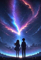 Fototapeta premium a boy and a girl are holding hands under a starry sky