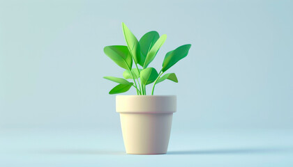 3D rendering of a small houseplant in a brown flower pot with green leaves on a white background. The plant is not isolated, showing a natural and realistic setting.