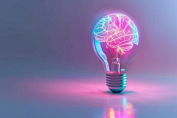 A 3D rendering of a light bulb with a digital brain pattern glowing in neon colors, against a pastel grey background, symbolizing technology and mind  