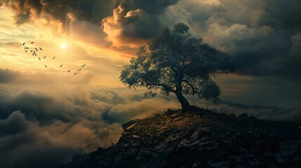 The image features a dramatic landscape with a solitary tree perched atop a rocky hill. The branches of the tree are filled with lush, green leaves, contrasting against a dynamic sky where the sun bre