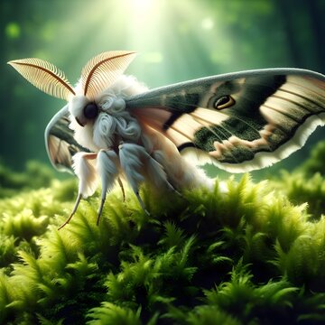 A picture of a Moth poodle walking through an emerald moss carpet.