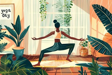 modern memphis illustration of a woman doing yoga at home with text "yoga day"