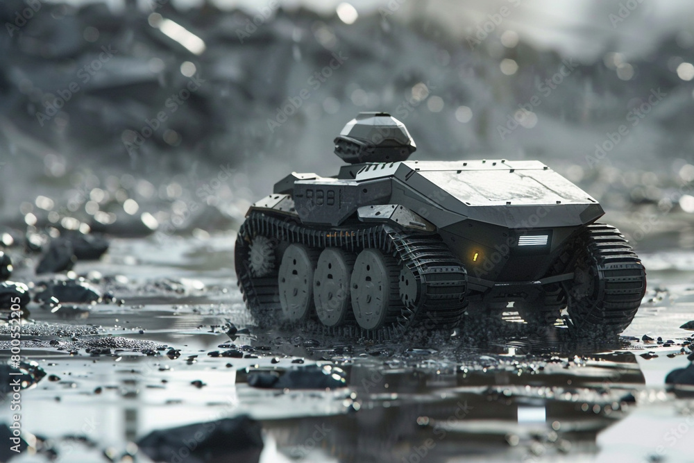 Poster a 3d rendering of an autonomous robotic tank navigating through a hazardous environment