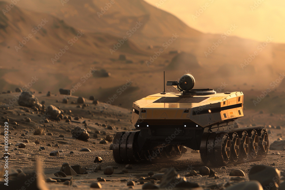 Poster a 3d rendering of an autonomous robotic tank navigating through a hazardous environment