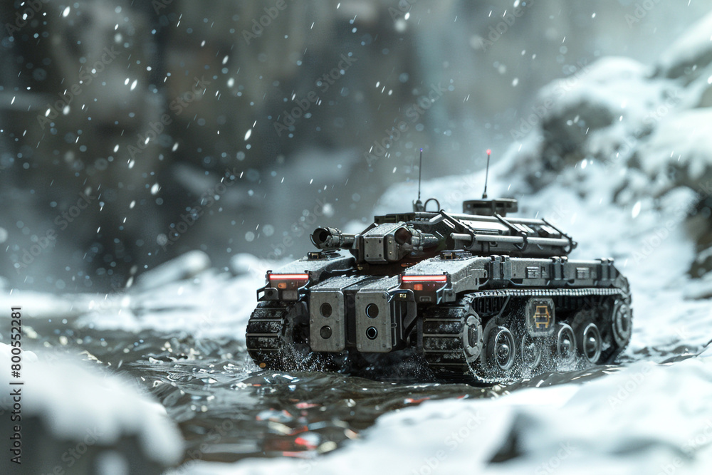 Poster a 3d rendering of an autonomous robotic tank navigating through a hazardous environment