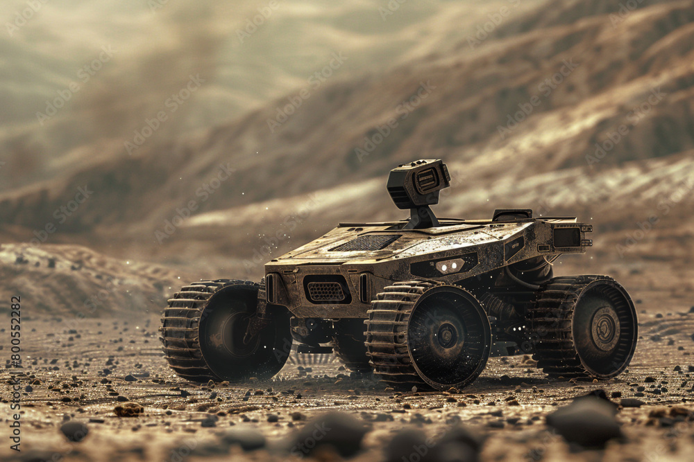 Poster a 3d rendering of an autonomous robotic tank navigating through a hazardous environment