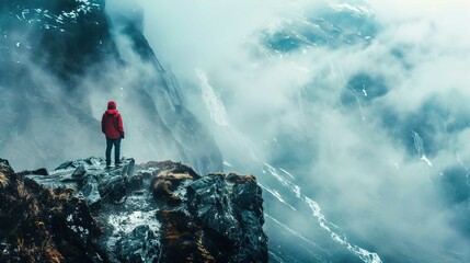 A lone individual stands on a rocky outcrop, looking out over a dramatic landscape enveloped in mist and clouds. The person is wearing a red hooded jacket, black pants, and dark shoes. Their back is t - Powered by Adobe