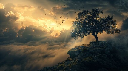 A majestic lone tree stands atop a rocky outcrop shrouded in clouds. The sun rays filter through the cloud cover, casting a warm, ethereal glow over the scene. The tree's branches are full, creating a