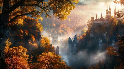 A majestic castle perched atop a rugged cliff overlooks a dense autumn forest. The trees are ablaze with the golden hues of fall, with shades of orange, yellow, and red. Shafts of sunlight pierce the 