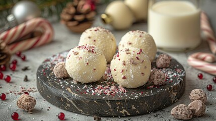   A photo of close-up doughnuts on a table, with candy canes and a glass of milk