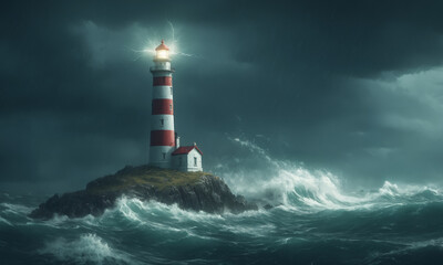 A beacon of light shines from the lighthouse in the stormy ocean