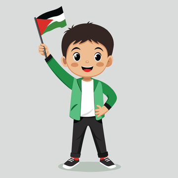 We support Palestine cartoon boy waving Palestine flag