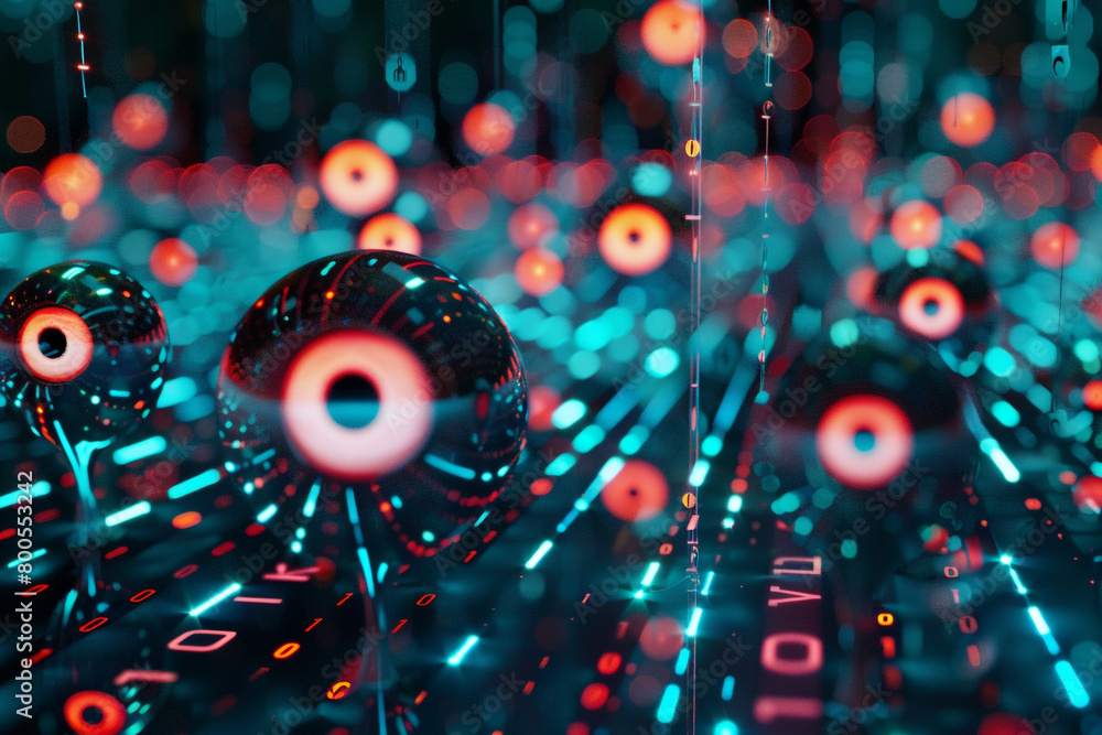 Poster a 3d visualization of a network under ai surveillance with digital eyes scanning for anomalies and t