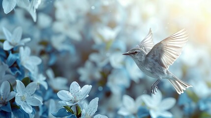 Obraz premium White bird flying over blue-white flowers under sunlight through leafy trees
