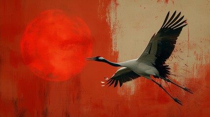 Naklejka premium Crane flying against a red sun on abstract background