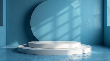 minimalistic abstract gentle light blue background for product presentation with sunny light and intricate shadow on wall with arch and stairs, generative AI