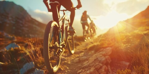 Backlight of bikers traveling on the mountain.