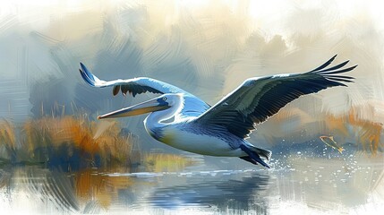 Obraz premium A painting of a pelican flying above a body of water, with reeds in the foreground