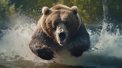 Obraz premium Angry grizzly bear in rage sprinting in water towards camera.