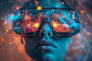 A woman wearing virtual reality glasses looks at the camera. The glasses are surrounded by a colorful glowing effect, giving the impression of a futuristic world. - Powered by Adobe