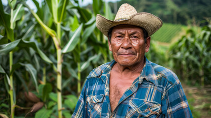 Mexican aged farmer with straw hat in cornfield, depicting rural agriculture and sustainable farming