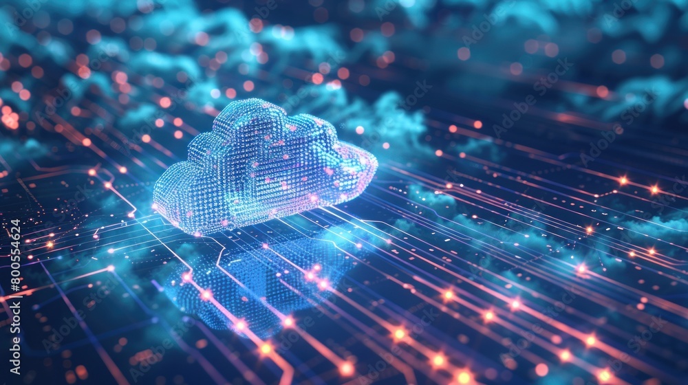 Poster futuristic cloud computing with illuminated striped circuit board