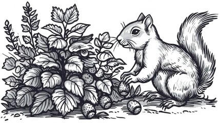 Naklejka premium Black & white illustration of a squirrel gathering berries from a bush surrounded by foliage