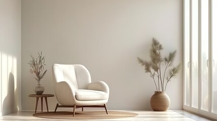 Minimalist living room with white vintage armchair carpet and elegant home decor including a dry plant in a vase against a copy space wall