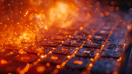 A Wet Backlit LED Keyboard on Fire with Particles and Smoke.
