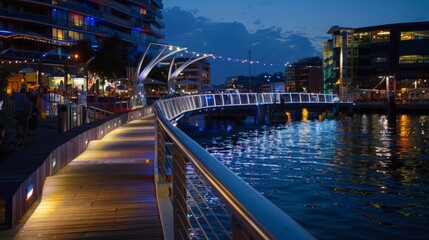 Obraz premium A lively riverside promenade with a modern bridge adorned with decorative lighting, bustling with activity and vibrant energy after dark.