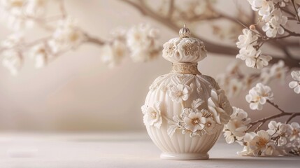 a white perfume bottle embellished with intricate floral designs and luxurious details, showcasing its opulent design and superb craftsmanship.